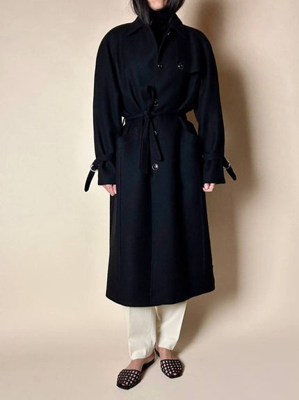 Cappotto lungo vintage in lana nera con taglio trench CGV Firenze