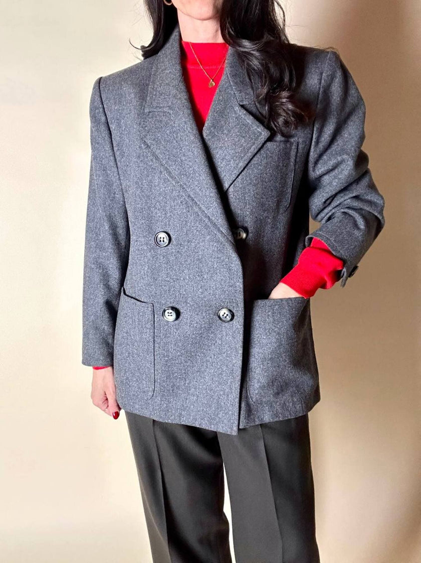 Blazer doppiopetto Yves Saint Laurent in panno di lana mélange grigio antracite