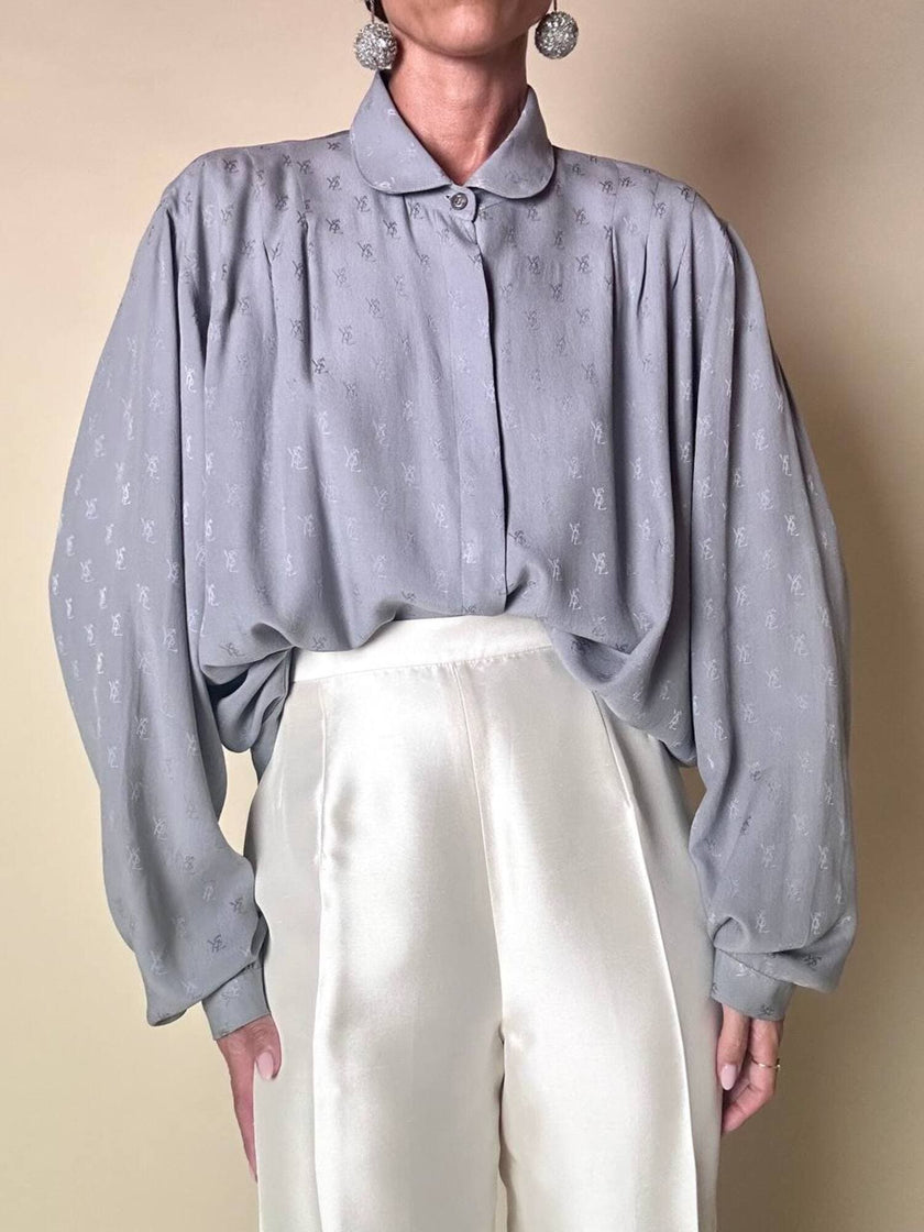 Camicia in seta Jacquard gray con logo YSL allover