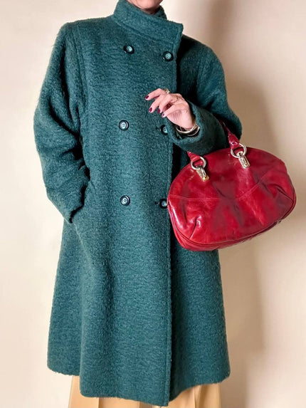 Cappotto doppiopetto in lana bouclé verde bosco con fodera firmata