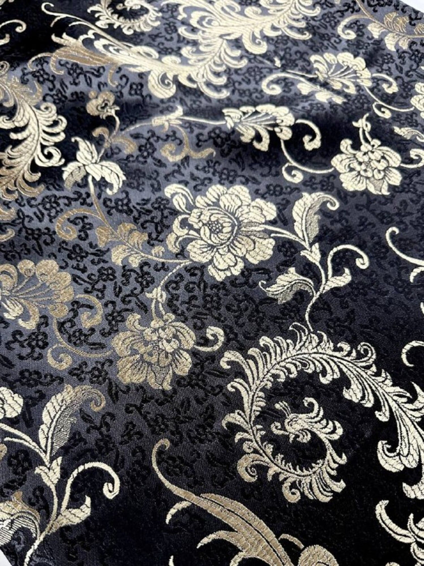 Gonna lunga a tubino in raso jacquard nero e platino fantasia floreale