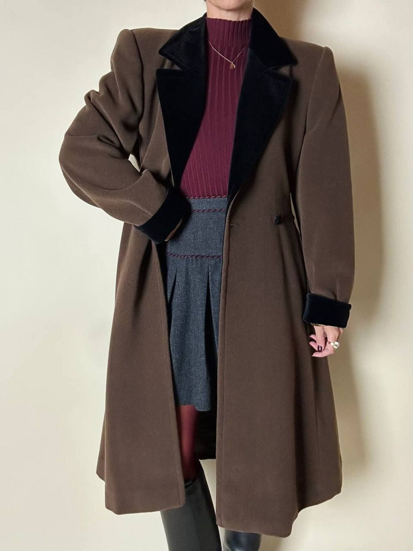 Alex & Tris green-brown wool double-breasted coat with martingale and black velvet trim