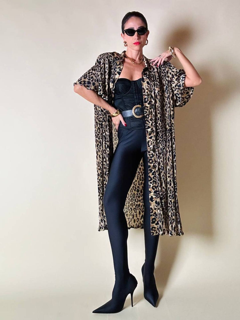 Chemisier vintage leopardato in tessuto micro plissé Henriette