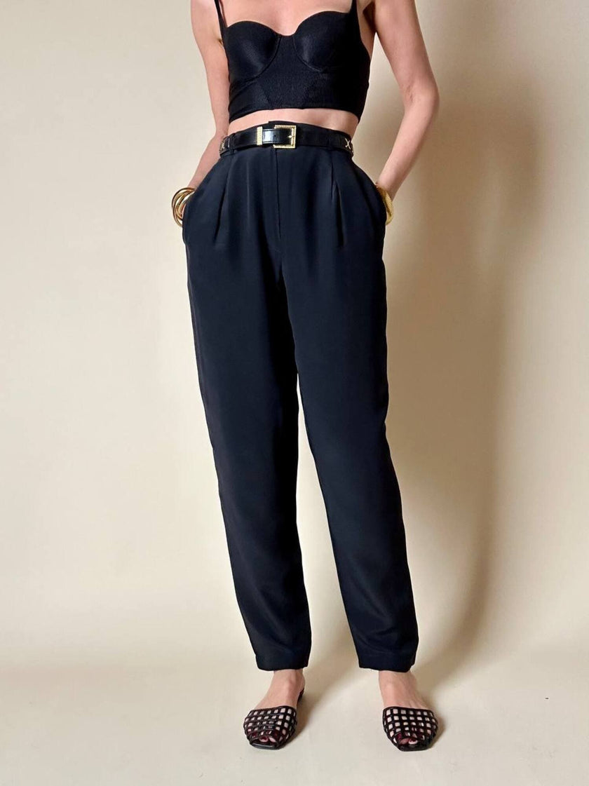 Pantalone nero a vita alta in pura seta “Pancaldi”
