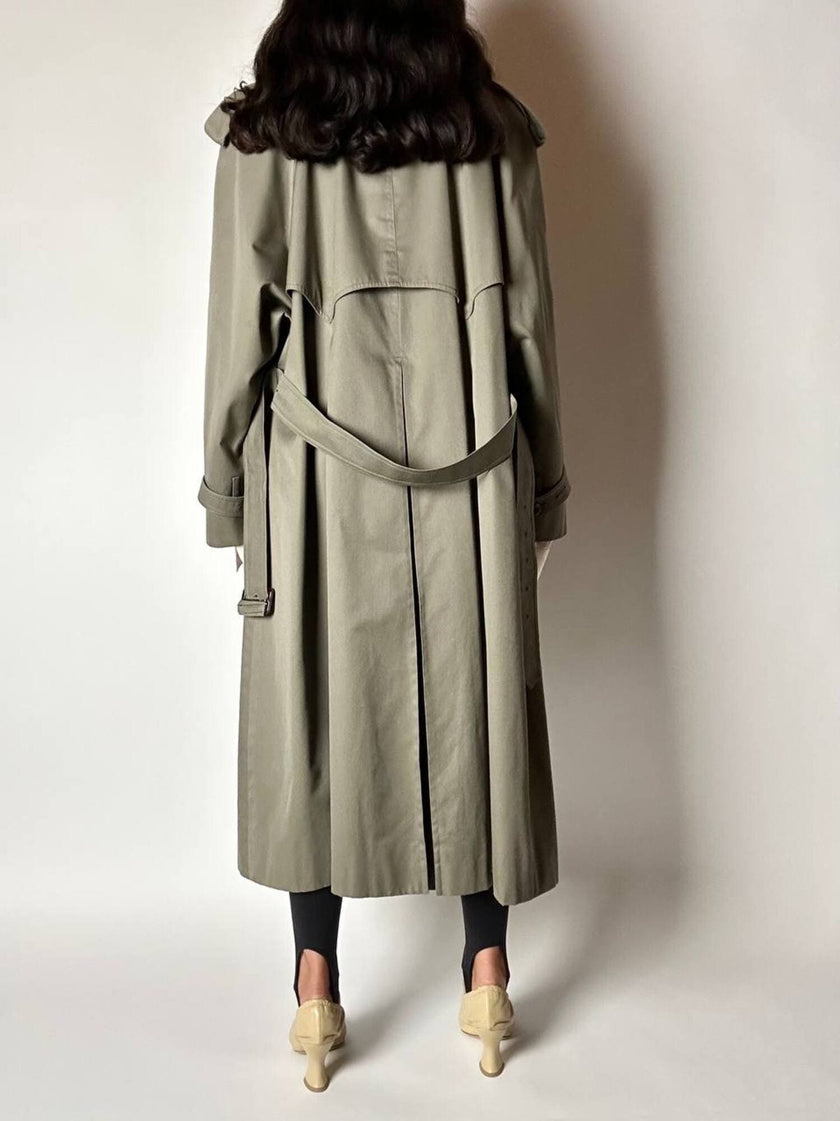 Vintage Aquascutum trench coat in khaki green gabardine with matching belt