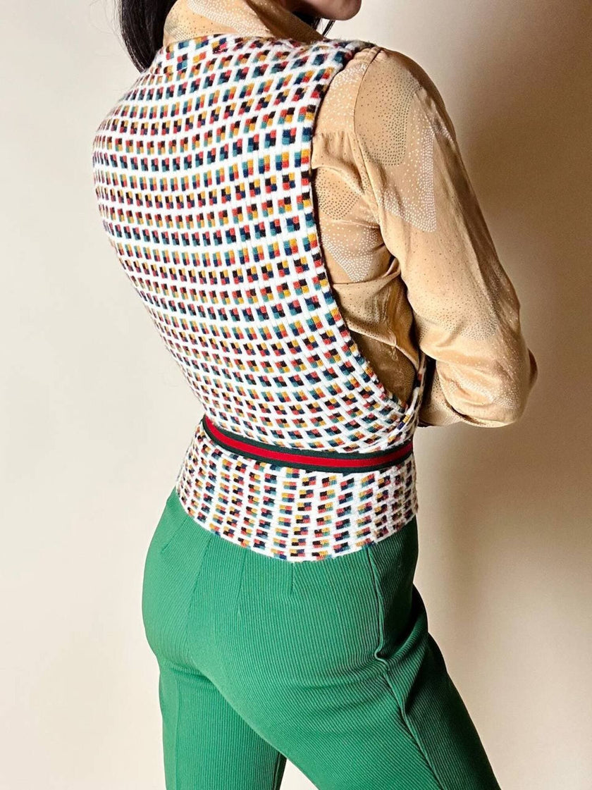 Vintage Missoni-Weste aus strukturierter Wolle in Cremeweiß mit buntem Muster