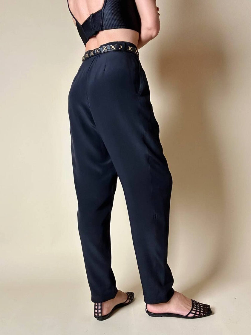 Pantalone nero a vita alta in pura seta “Pancaldi”