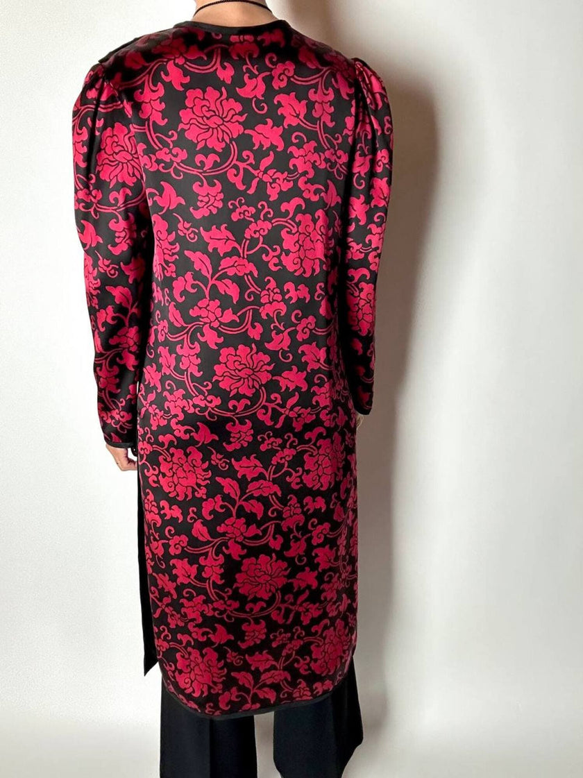 Abito Yves Saint Laurent Rive Gauche in raso con fantasia damascata rossa e nera