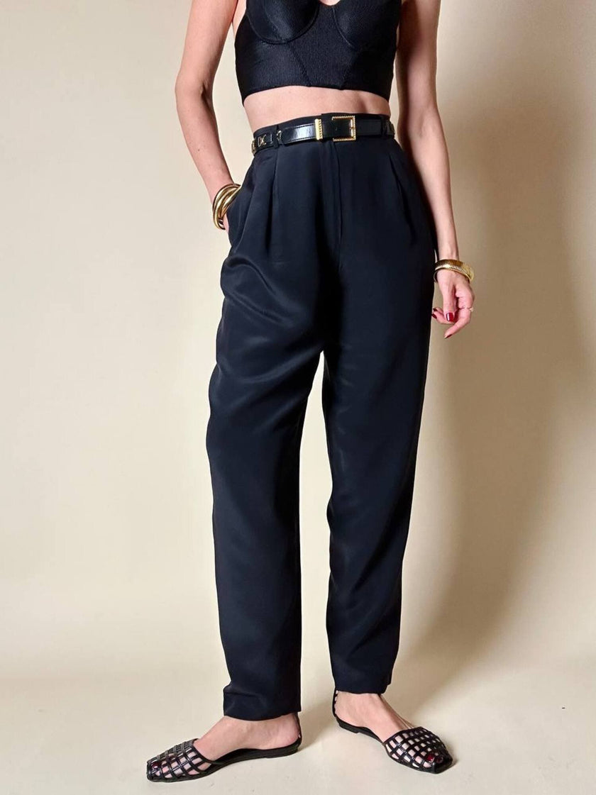 Pantalone nero a vita alta in pura seta “Pancaldi”