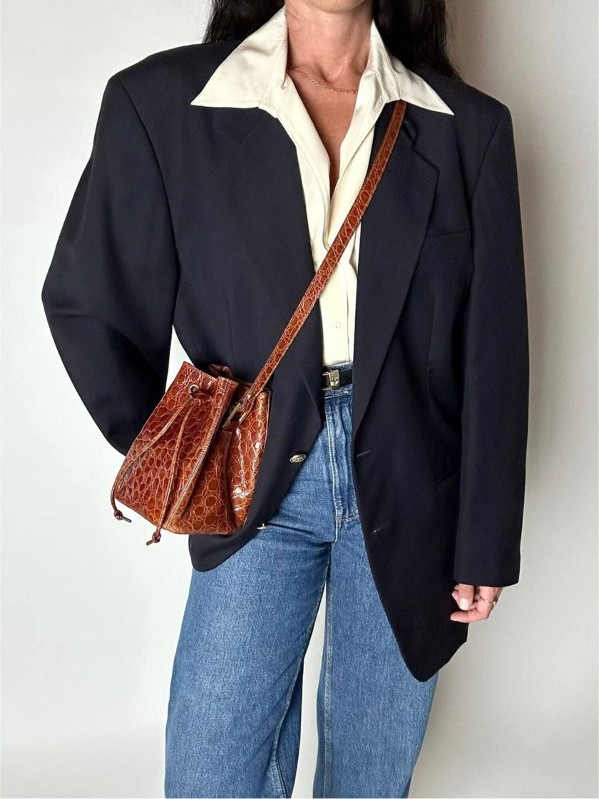 Blazer vintage Enrico Coveri You Young in rasato di lana blu notte con bottoni dorati