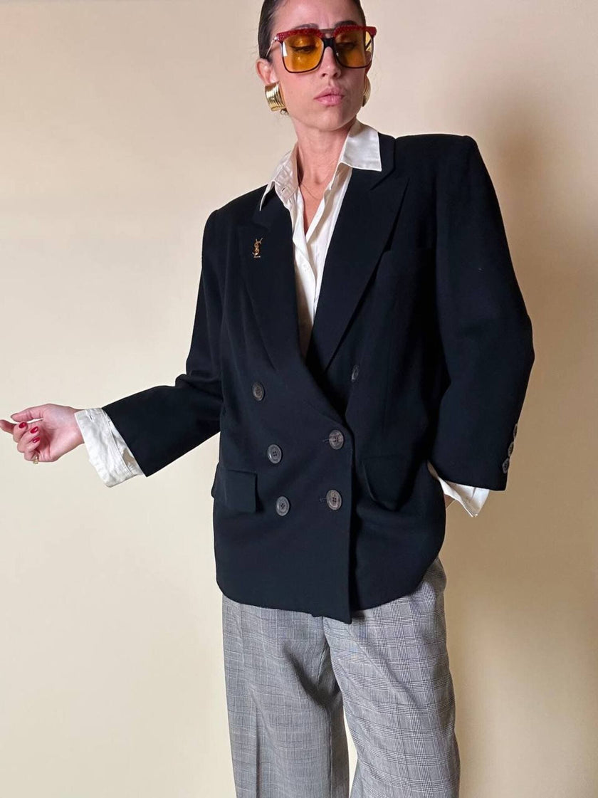 Blazer doppiopetto nero in pura lana “Yves Saint Laurent”