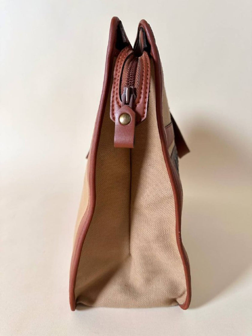 Borsa Yves Saint Laurent in canvas beige con profili color cuoio e motivo greca con logo