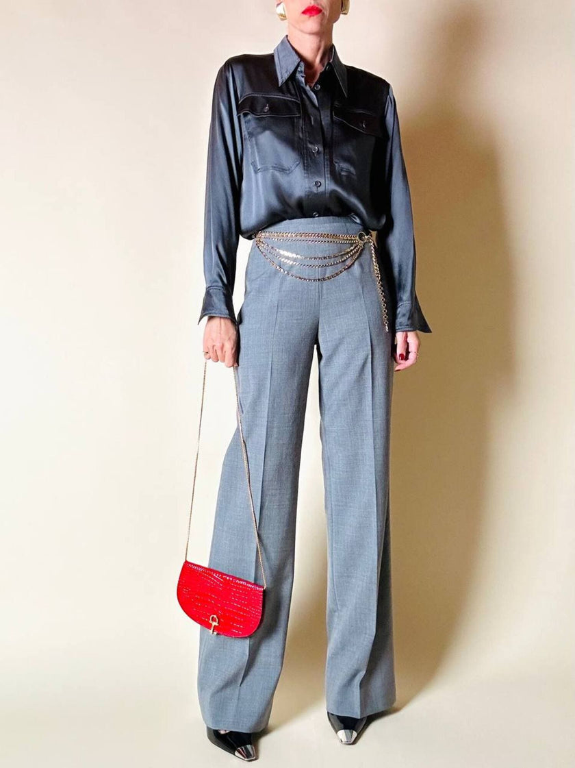 Pantalone a palazzo in rasato di lana grigio “Luisa Spagnoli”