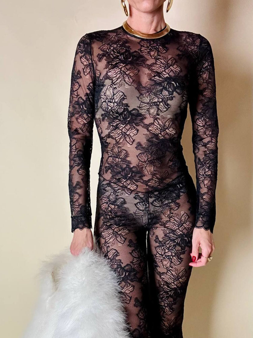 Jumpsuit con staffe in pizzo nero “La Perla”