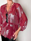 Blusa vintage Hale Bob in chiffon bordeaux fantasia floreale in lamé argento