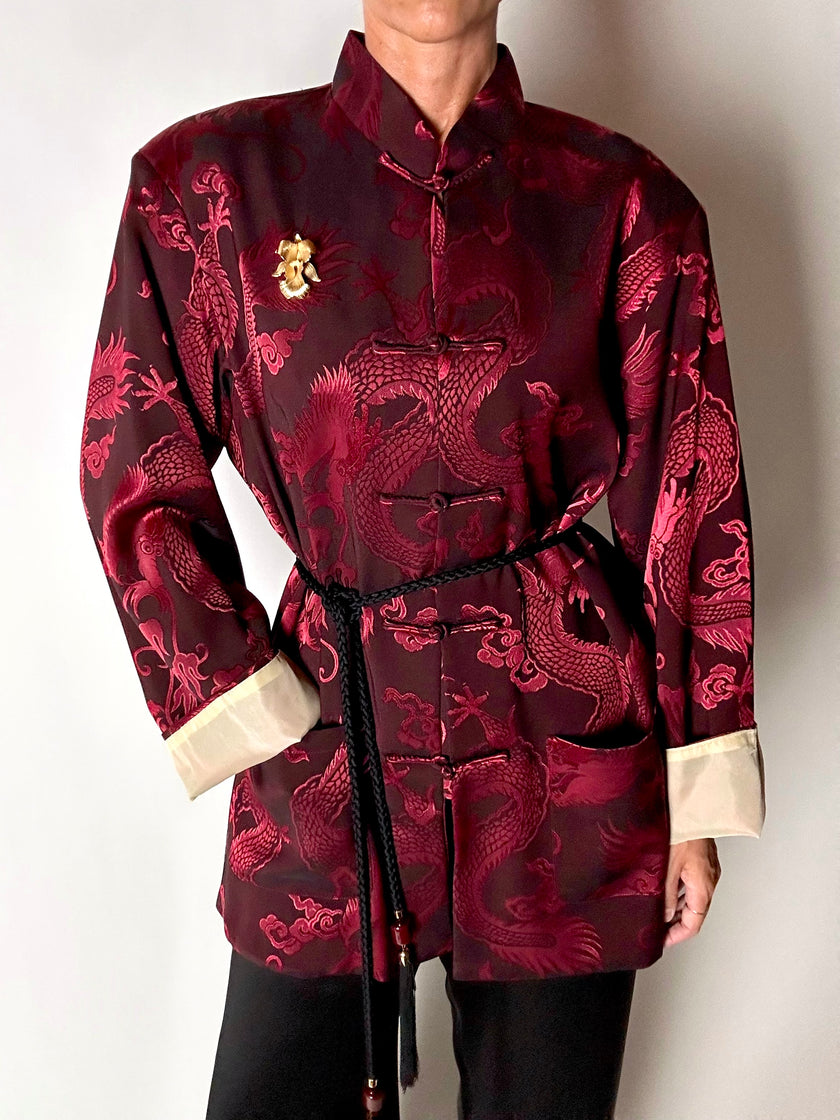Giacca vintage in tessuto jacquard bordeaux con draghi cinesi e alamari
