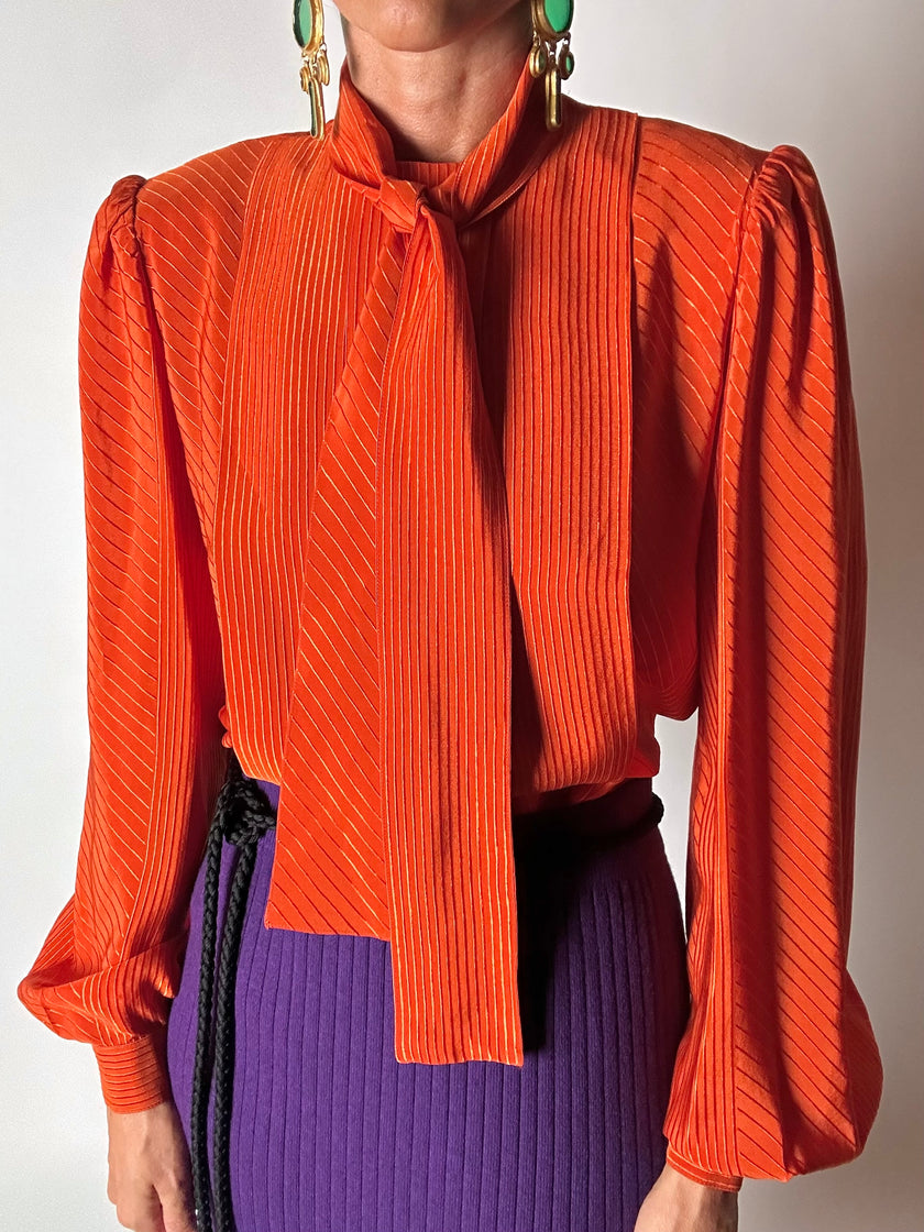 Camicia vintage Scherrer Boutique con nastro al collo in seta jacquard zucca