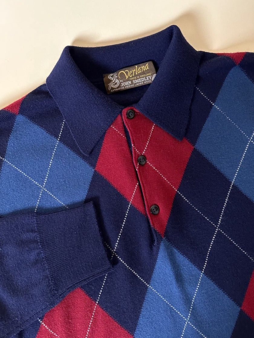 Pullover vintage fantasia Argyle blu notte avio e borgogna Verlana By Jon Smedley