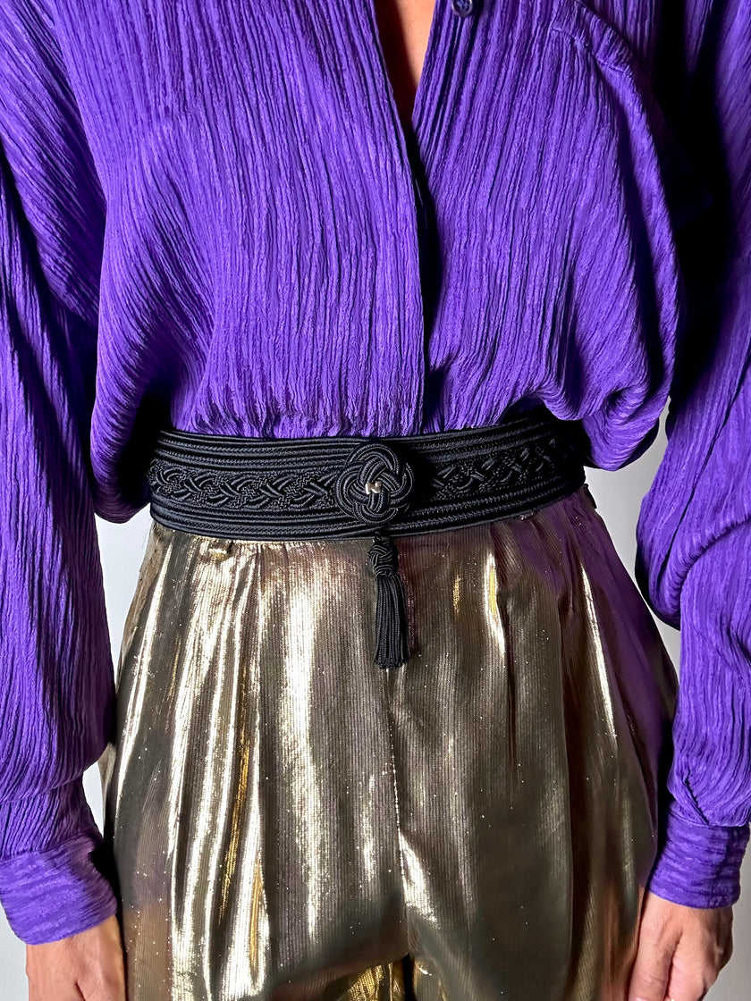 Cintura vintage Nina Ricci nera in passamaneria intrecciata con nappa couture