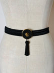 Cintura vintage Nina Ricci Paris in passamaneria elastica nera con fibbia gioiello e nappa couture