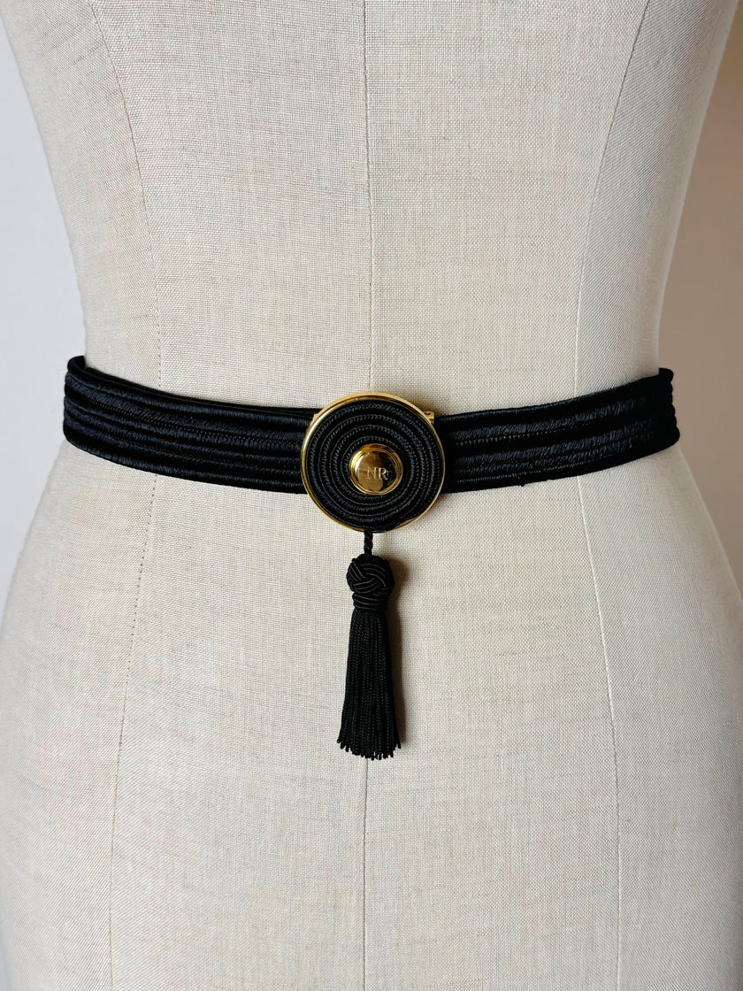 Cintura vintage Nina Ricci Paris in passamaneria elastica nera con fibbia gioiello e nappa couture