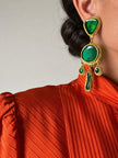 Maxi gold-tone clip-on drop earrings with green vitreous resin stones