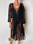 Kimono vintage in tulle nero con ricami floreali