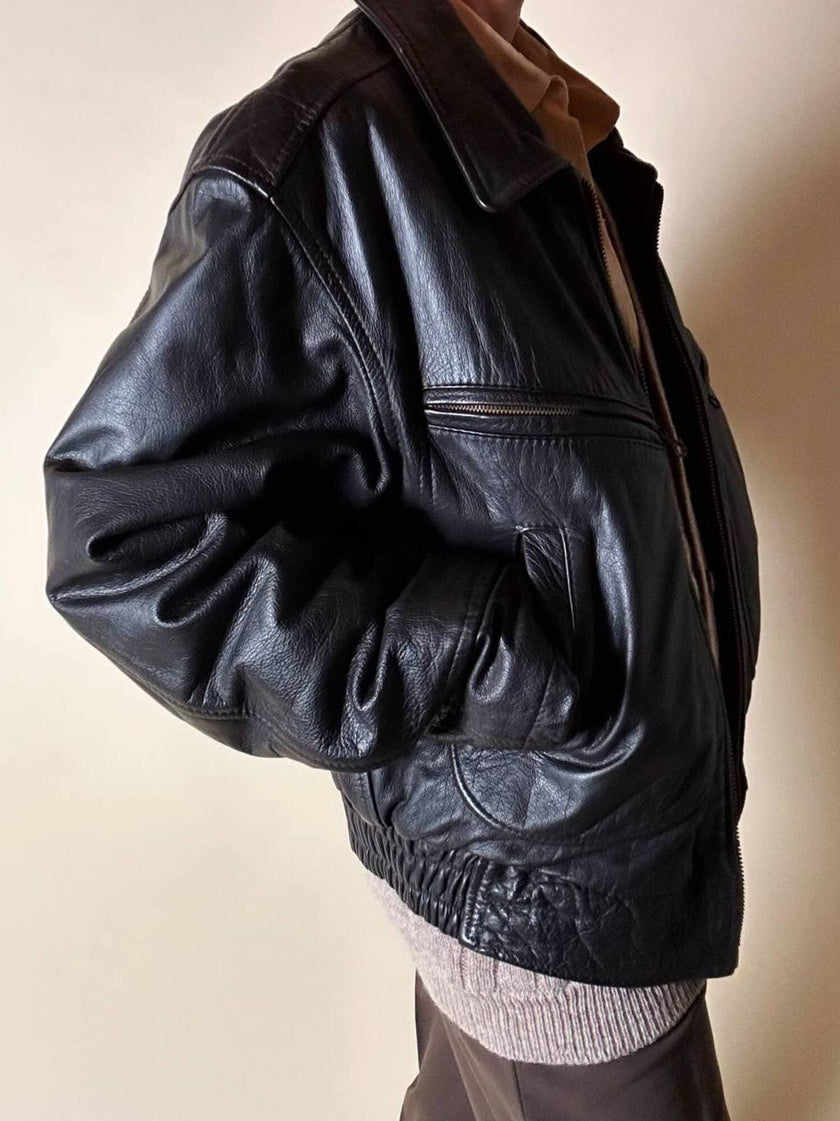 Bomber aviator in pelle testa di moro con fodera gialla matelassé