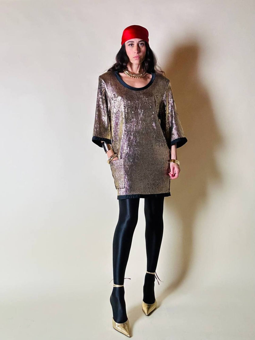 Mini dress oro in tessuto operato con profili neri in raso nero  “Yves Saint Laurent”