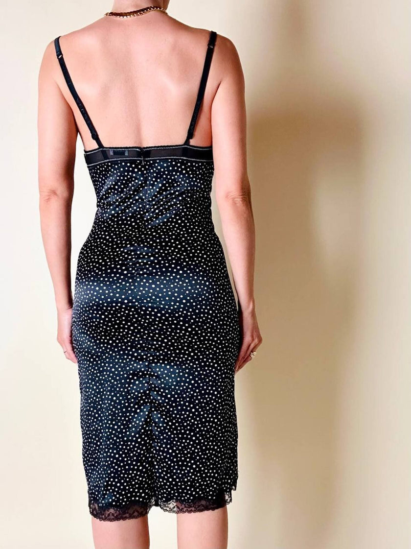 Tubino in raso elasticizzato nero a pois bianchi Dolce & Gabbana