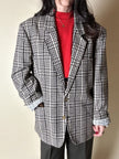 Blazer oversize in lana check beige e marrone con fodera fantasia uccellini