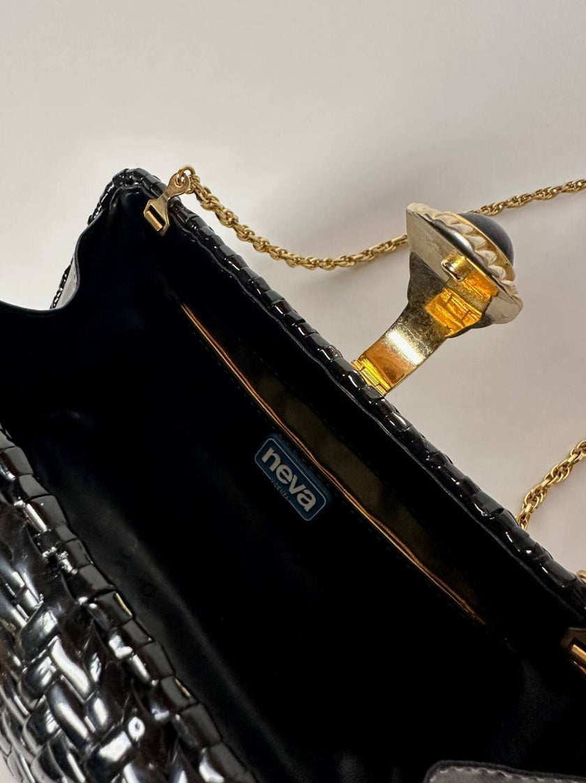 Borsa vintage Rodo in midollino nero e tracolla a carena