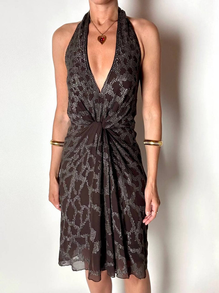 Abito vintage Roberto Cavalli in crêpe di seta marrone con ricamo in paillettes bronzo