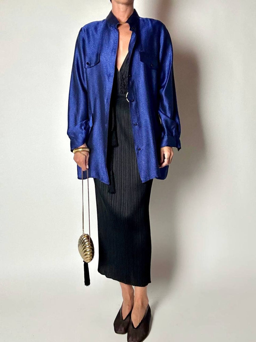 Giacca-camicia vintage in tessuto jacquard bluette