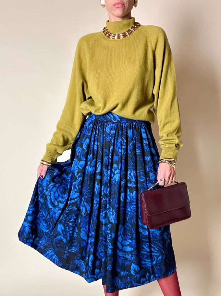 Gonna a ruota Yves Saint Laurent Variation in lana blu elettrico con fantasia floreale nera