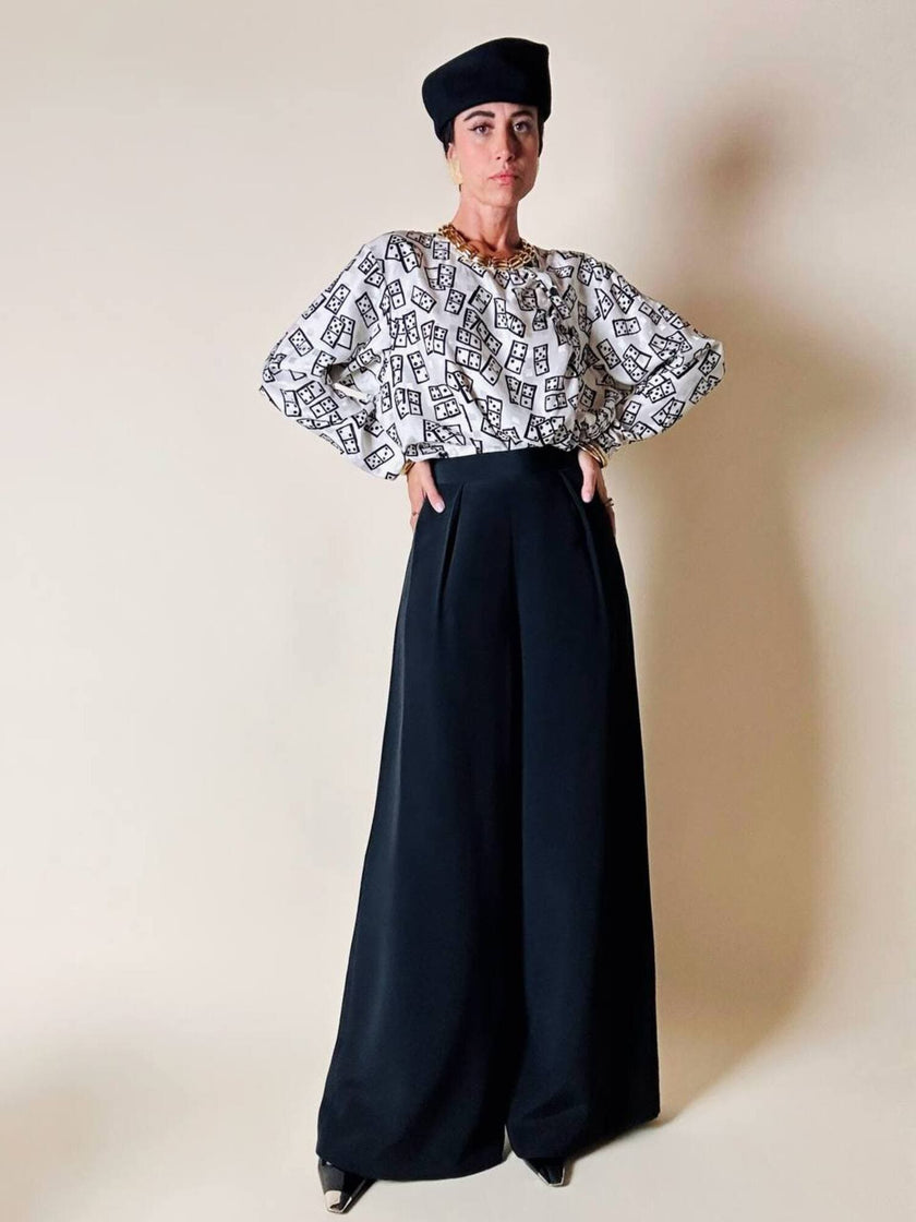 Blusa Yves Saint Laurent in tessuto jacquard bianco e nero fantasia Domino