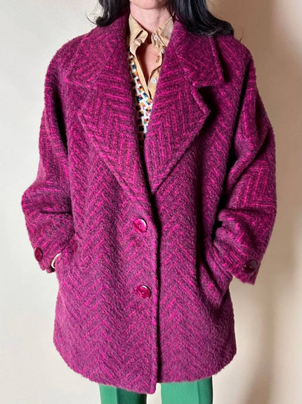 Capottino vintage spinato in tweed di lana e mohair magenta e prugna