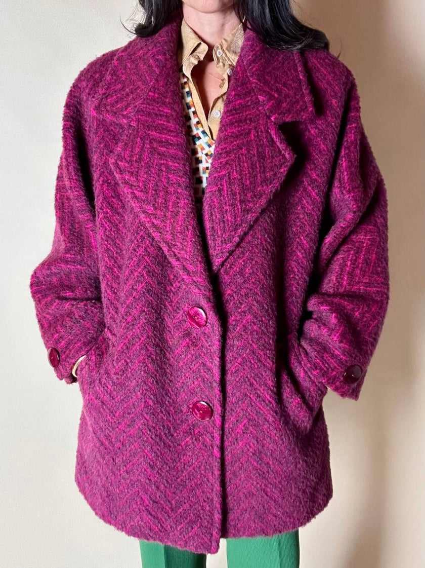Capottino vintage spinato in tweed di lana e mohair magenta e prugna
