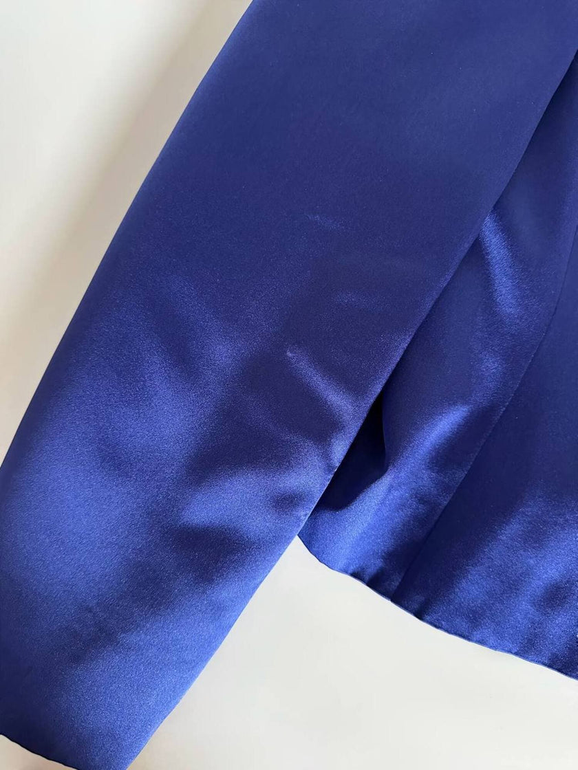 Vintage-Jacke von Yves Saint Laurent aus kobaltblauem Satin mit mehrfarbigen Schmuckknöpfen