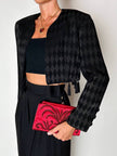 Spencer vintage Louis Féraud in tessuto jacquard nero operato a losanghe e nappine