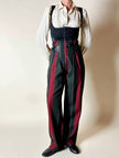 Pantalone a vita alta in lana jacquard a righe verticali con cinturini in pelle nera