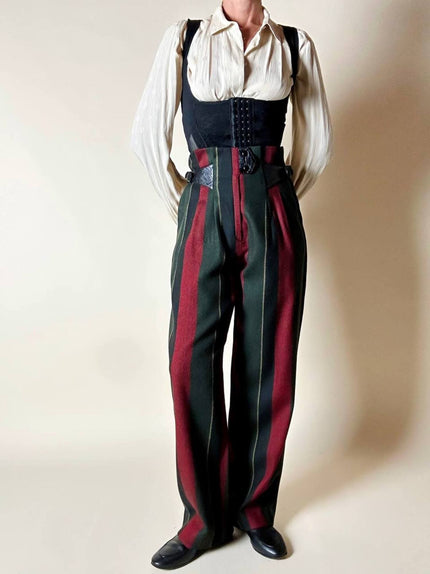 Pantalone a vita alta in lana jacquard a righe verticali con cinturini in pelle nera