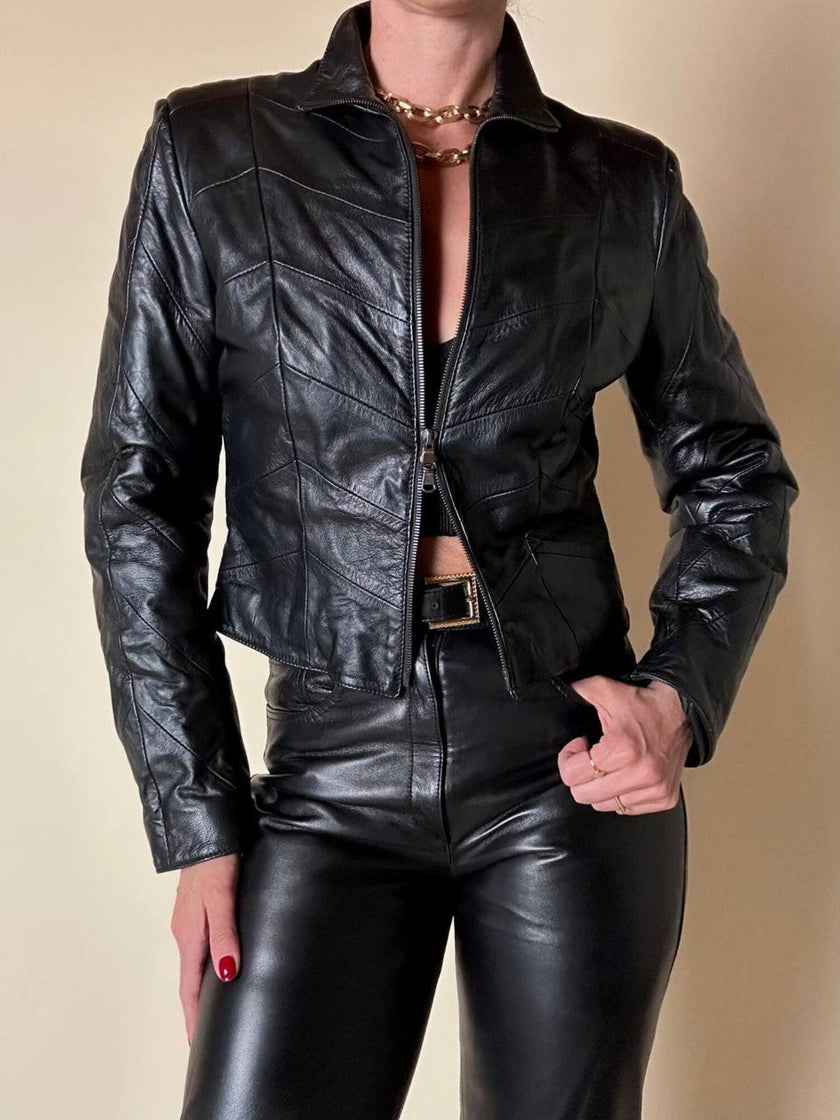 Schwarze Lederjacke in Ton-in-Ton-Patchwork-Verarbeitung „Ilaria F.“
