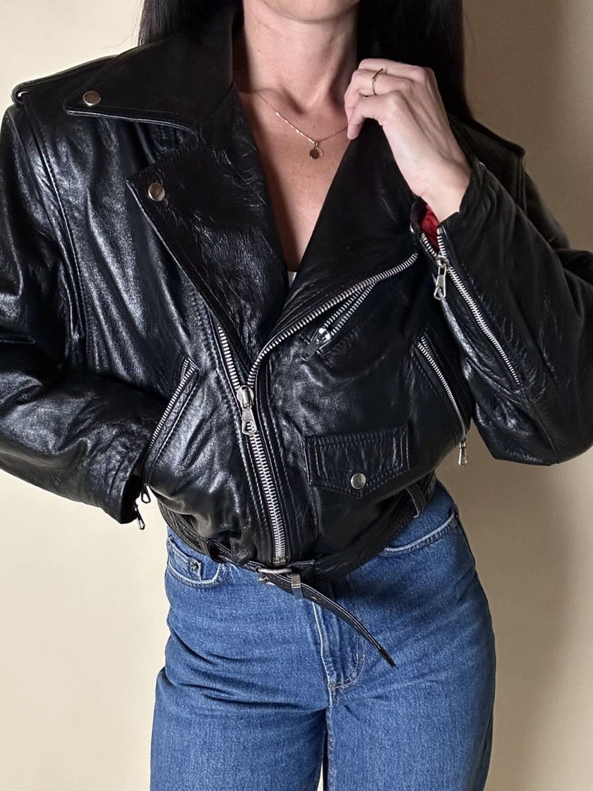 Giacca biker in pelle nera con fodera trapuntata rossa G.A.P. Gruppo Artigiano Pelle