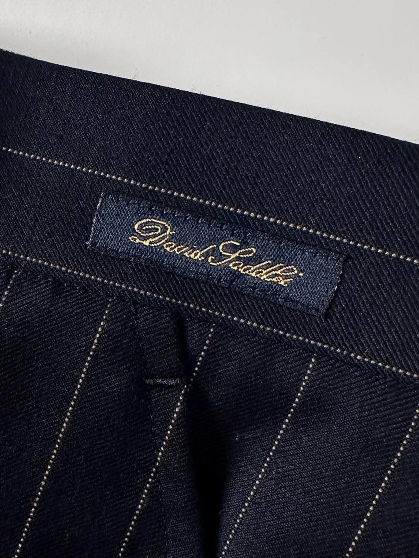 Pantalone vintage a palazzo blu notte gessato in pregiato fresco lana di Tasmania e seta