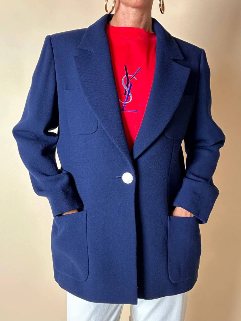 Blazer Yves Saint Laurent vintage blu oltremare con bottoni logati di madreperla