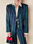 Witty Girl ensemble in bottle green and midnight blue vertical-striped wool jersey