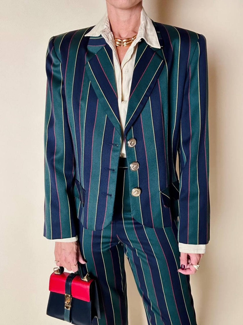 Witty Girl ensemble in bottle green and midnight blue vertical-striped wool jersey