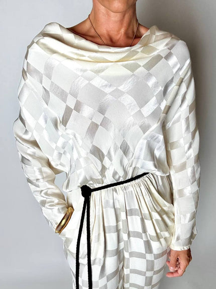 Jumpsuit vintage Spengler Mode in viscosa jacquard avorio con scollo drappeggiato