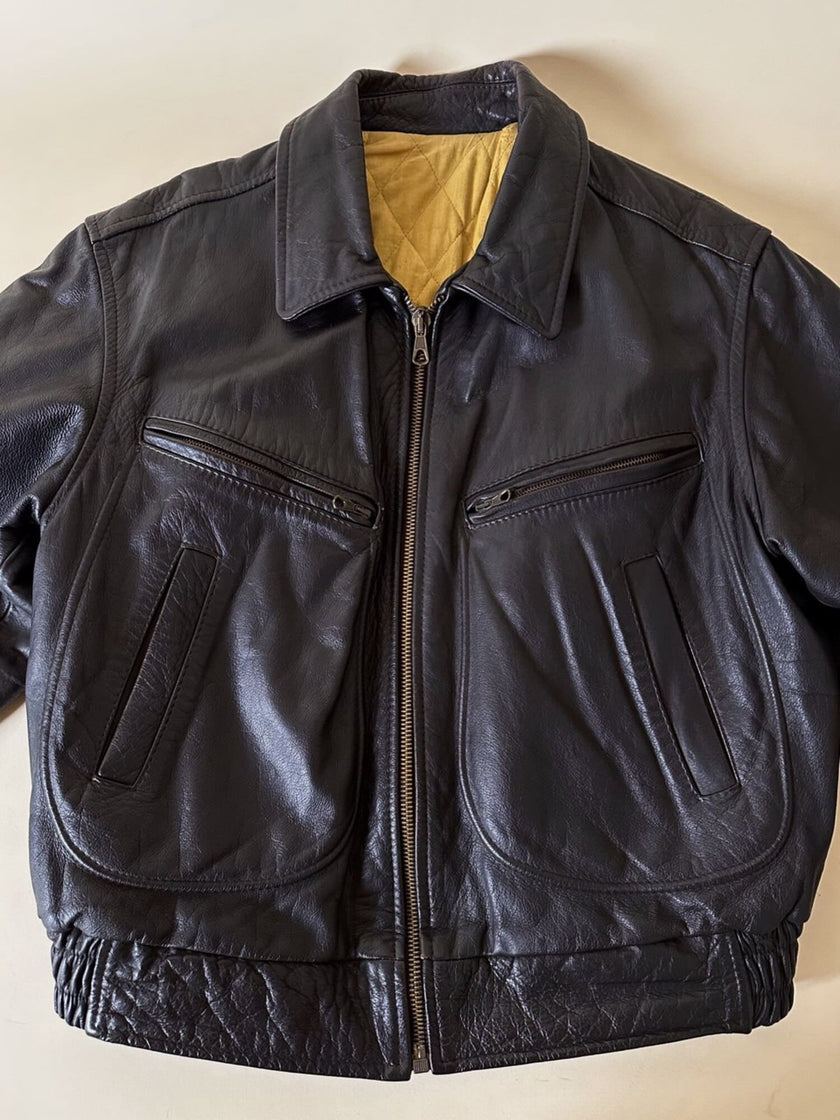Bomber aviator in pelle testa di moro con fodera gialla matelassé